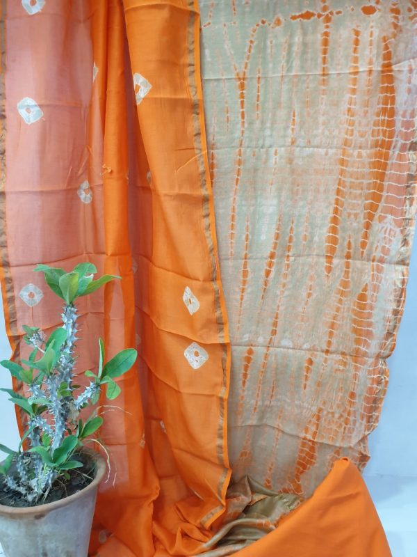 Orange shibori print party wear chanderi suit
