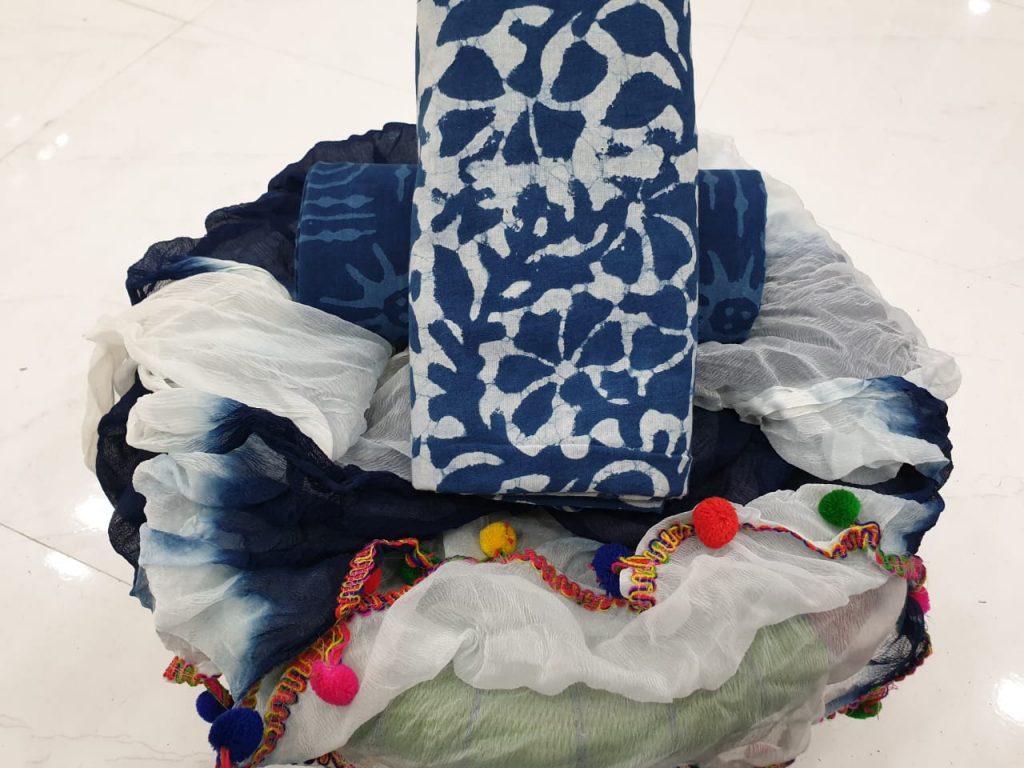 Natural indigo blue kalamkari print pompom cotton suit set
