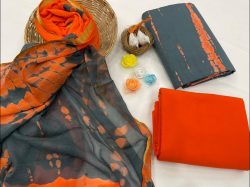 Zari border suit mugal print color Orange slate gray partywear