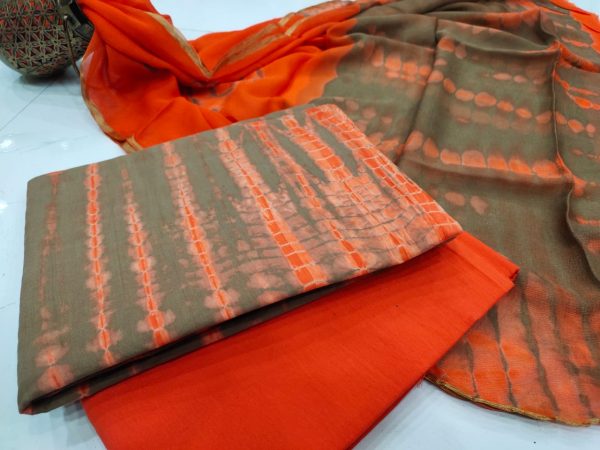 Regular wear Orange tan Zari border suit shibori print for ladies