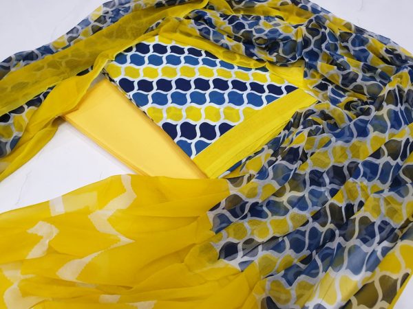Regular wear Yellow and blue Chiffon dupatta suit set Bagru print