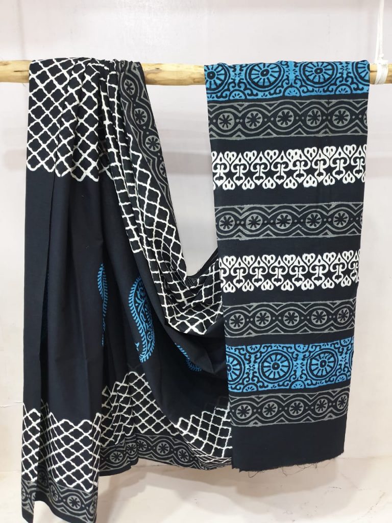 summer wear Black and azure  cotton mulmul saree with blouse