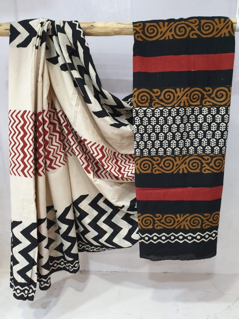 Beige and black Pure cotton malmal saree with blouse for ladies