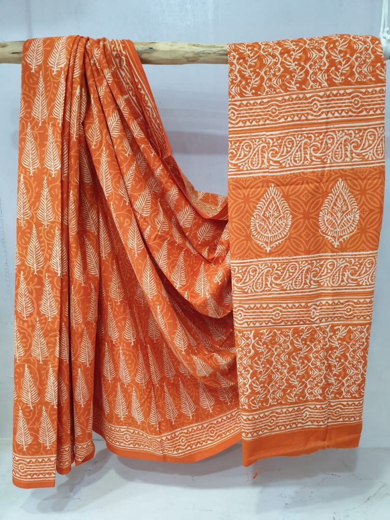 Regular wear Orange cotton mulmul saree with blouse