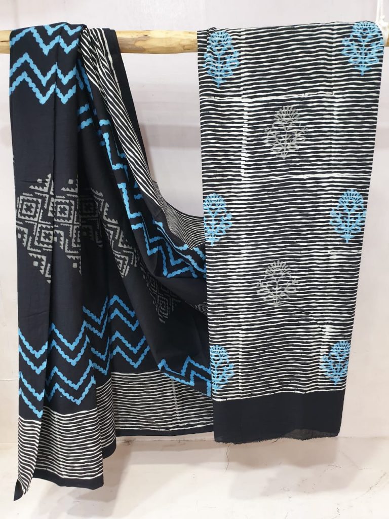 summer wear black and Azure cotton mulmul saree with blouse