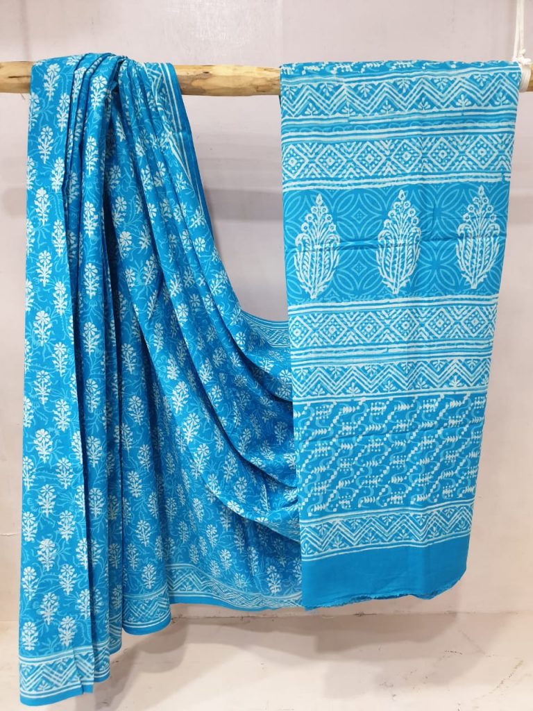 Daily wear cyan cotton mulmul saree with blouse for ladies