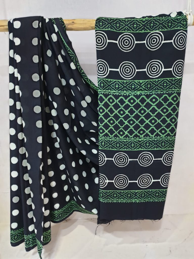Regular wear Black and Emerald Pure cotton mulmul saree with blouse