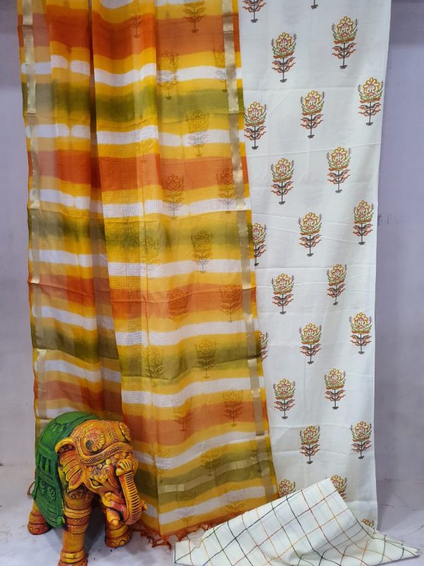 Daily wear White and yellow Traditional Cotton suit with kota silk dupatta