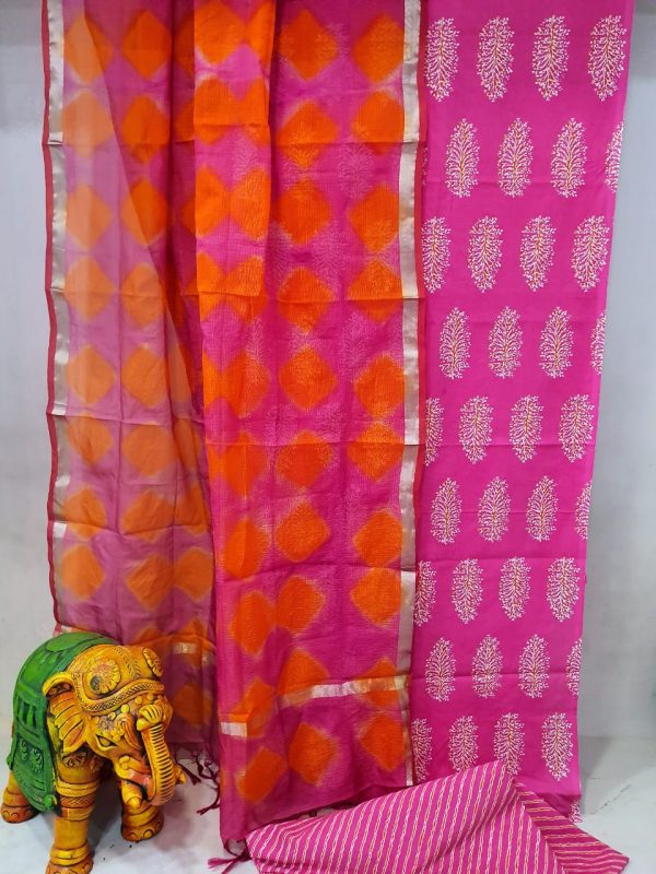 Magenta rose and Orange-red Cotton suit with kota silk dupatta