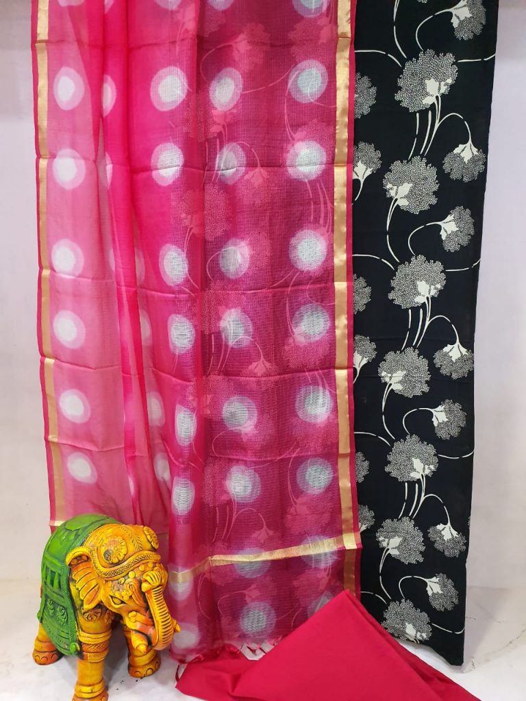 Daily wear Magenta rose and black Cotton suit with kota silk dupatta