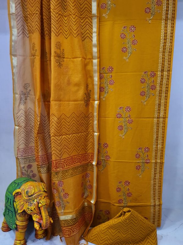 Regular wear Marigold Natural Cotton suit with kota silk dupatta