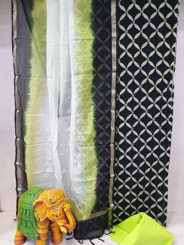 Summer wear Black and Lime Natural Cotton suit with kota silk dupatta