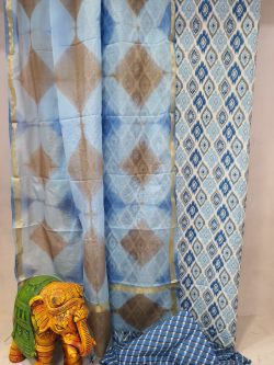 Baby blue and Azure Traditional Cotton suit with kota silk dupatta