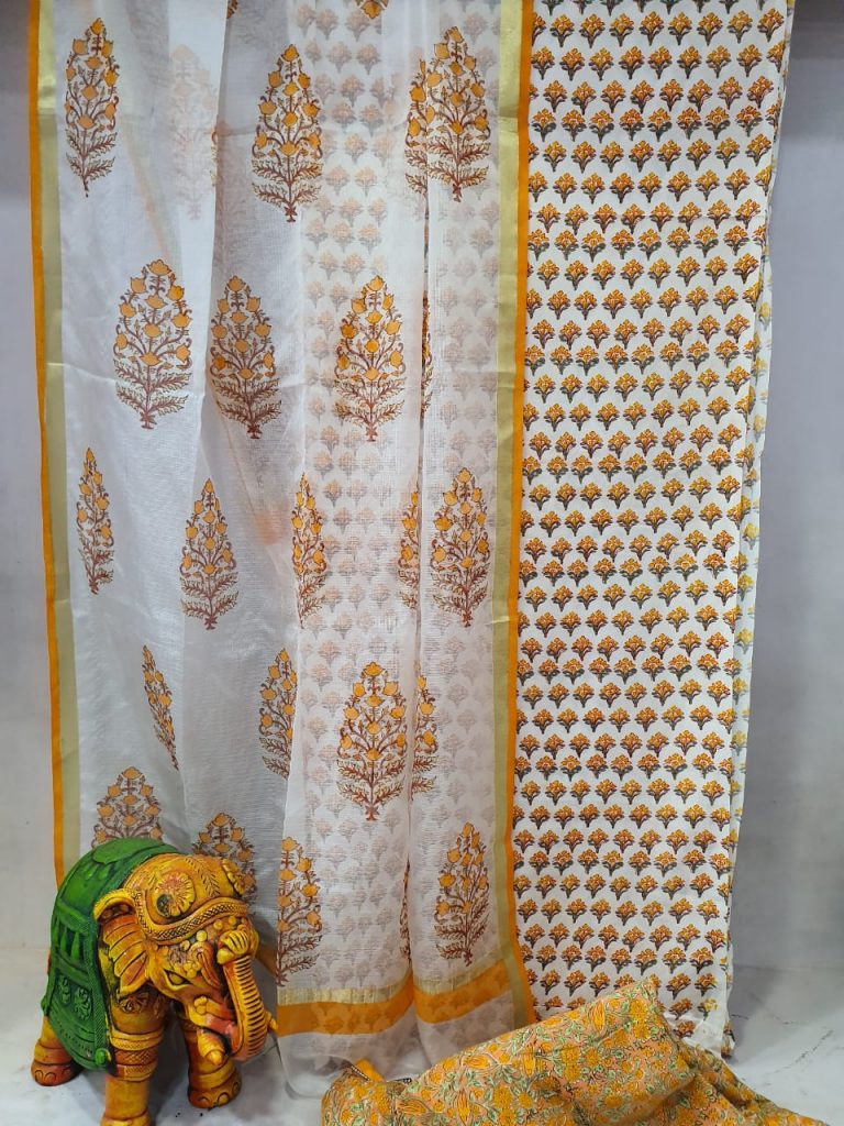Amber and white Traditional Cotton suit with kota silk dupatta