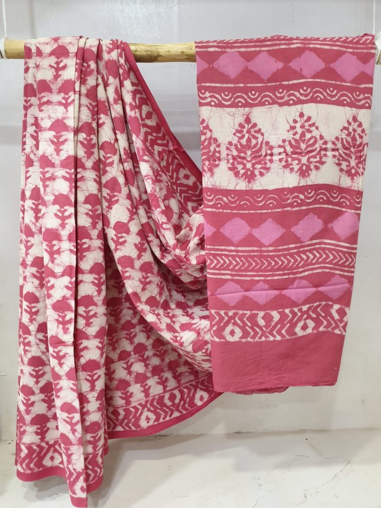 Pink and white cotton mulmul saree with blouse