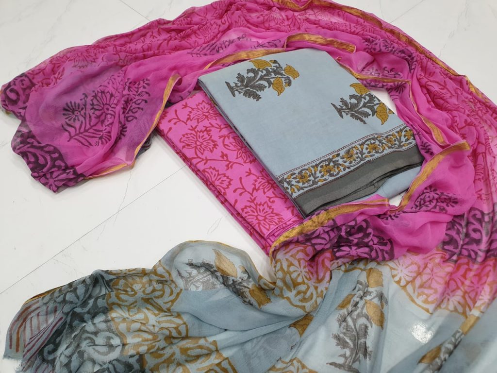Summer wear Magenta rose and Periwinkle zari border cotton suit