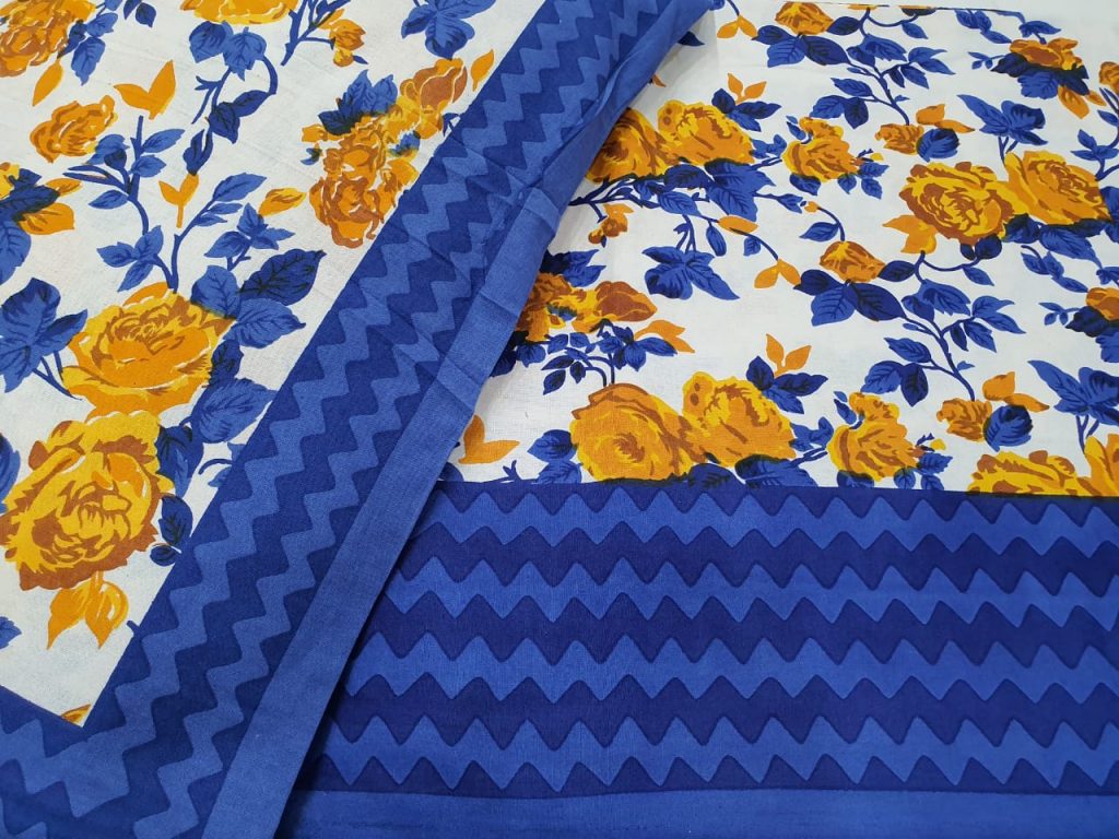 Yellow Floral Ultramarine and white Cotton bedsheet for double bed
