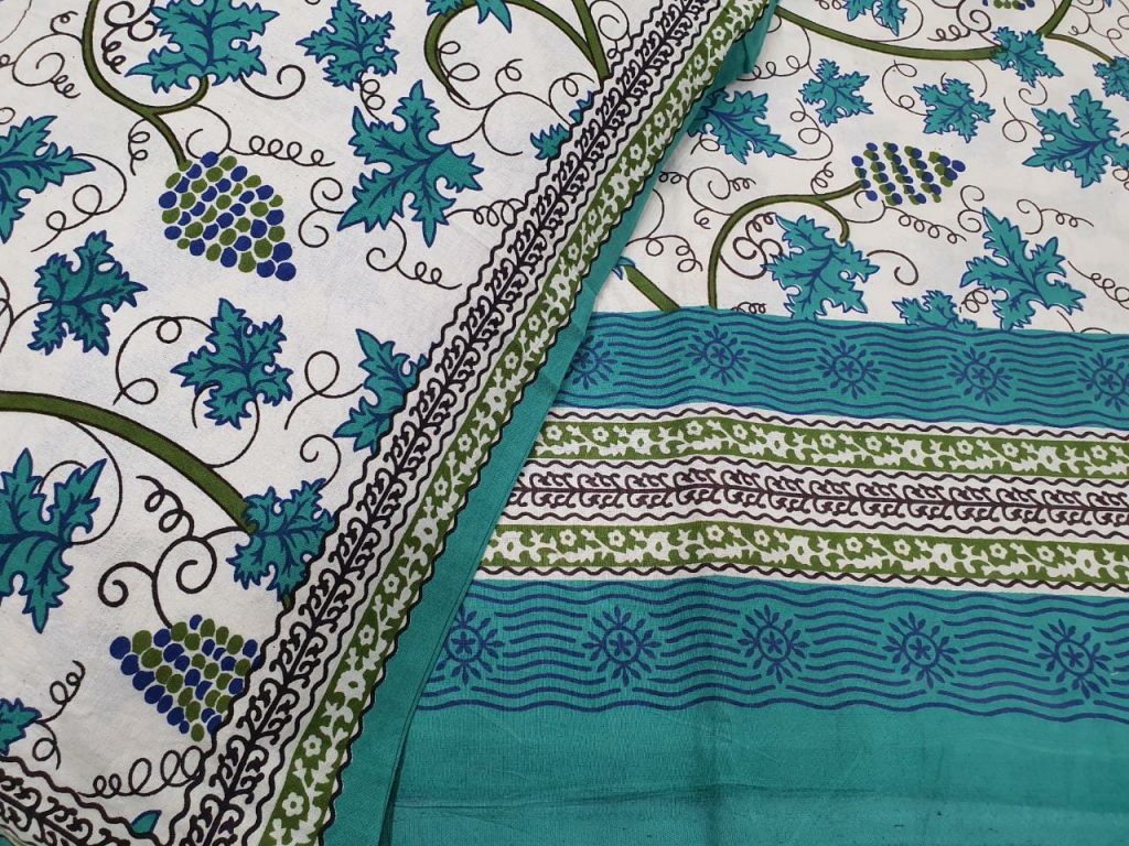 Teal and white Cotton Double bedsheet with 2 pillow cover