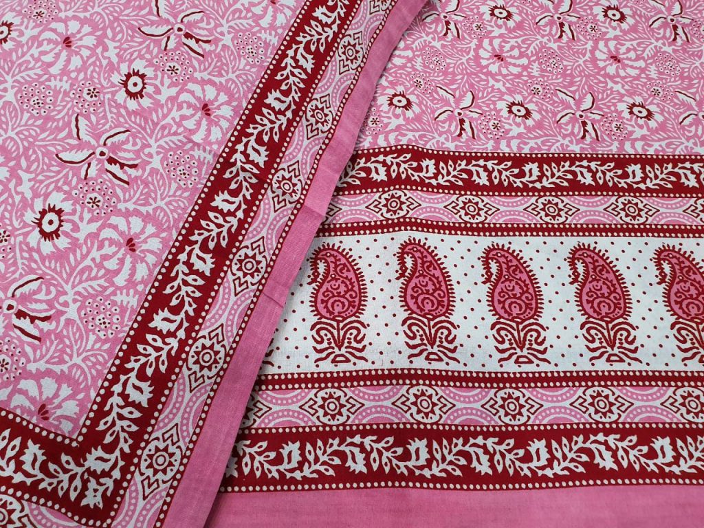 Pink and white Cotton double size bedsheet 90/108 inch with two pillow cover