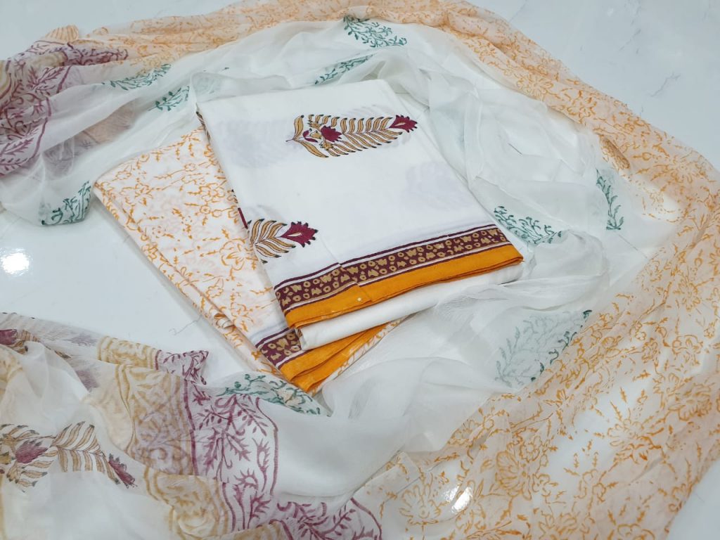 Jaipuri White and Amber cotton salwar suit set with chiffon chunni