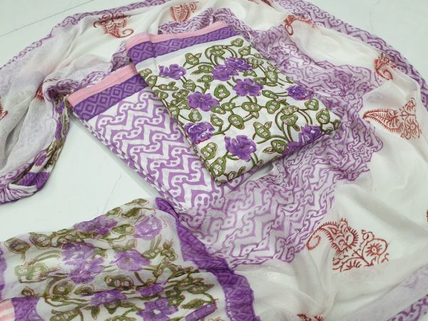 Amethyst and white Pure cotton suit set with chiffon dupatta