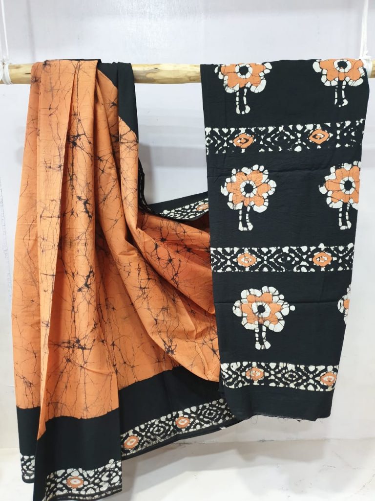 Mellow Apricot and black Natural Cotton saree with blouse