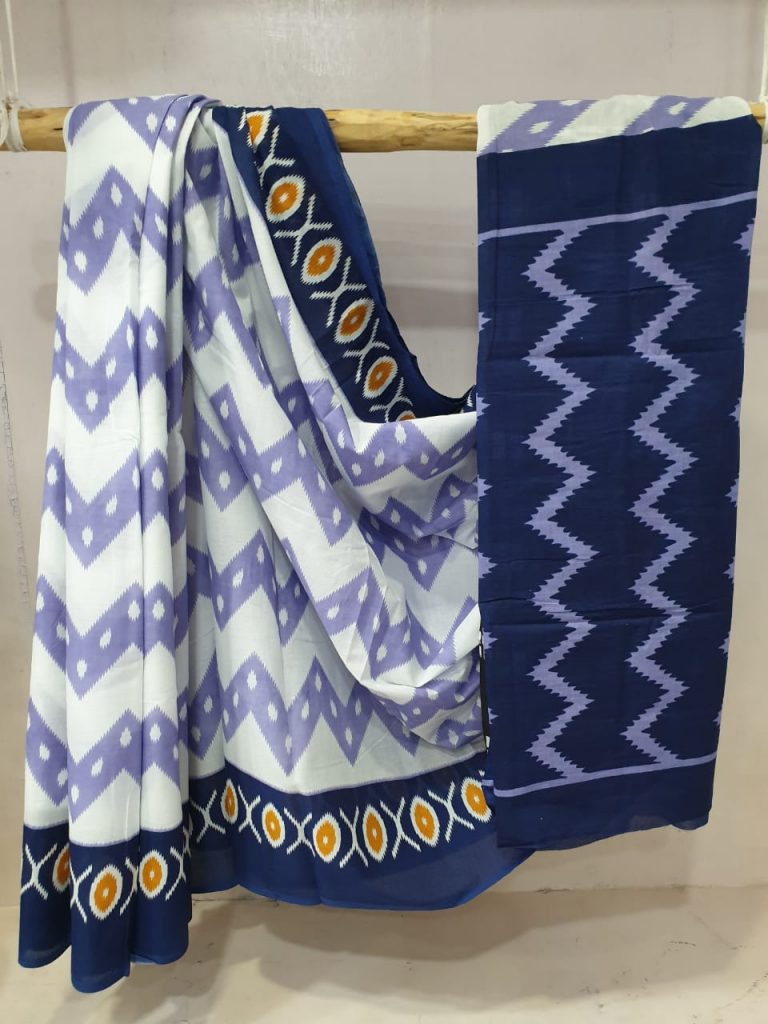 Midnight Blue and White Superior quality Cotton saree with blouse