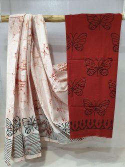 Carmine and white Natural Cotton mulmul saree with blouse