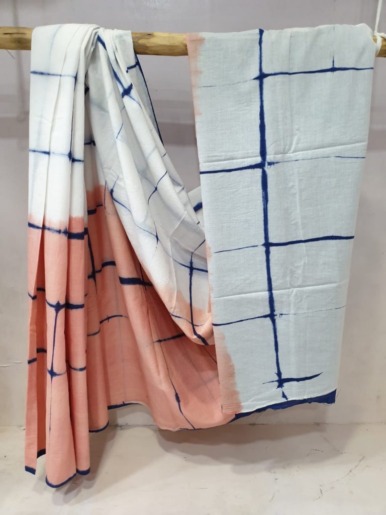 Regular wear Apricot and white cotton saree with blouse