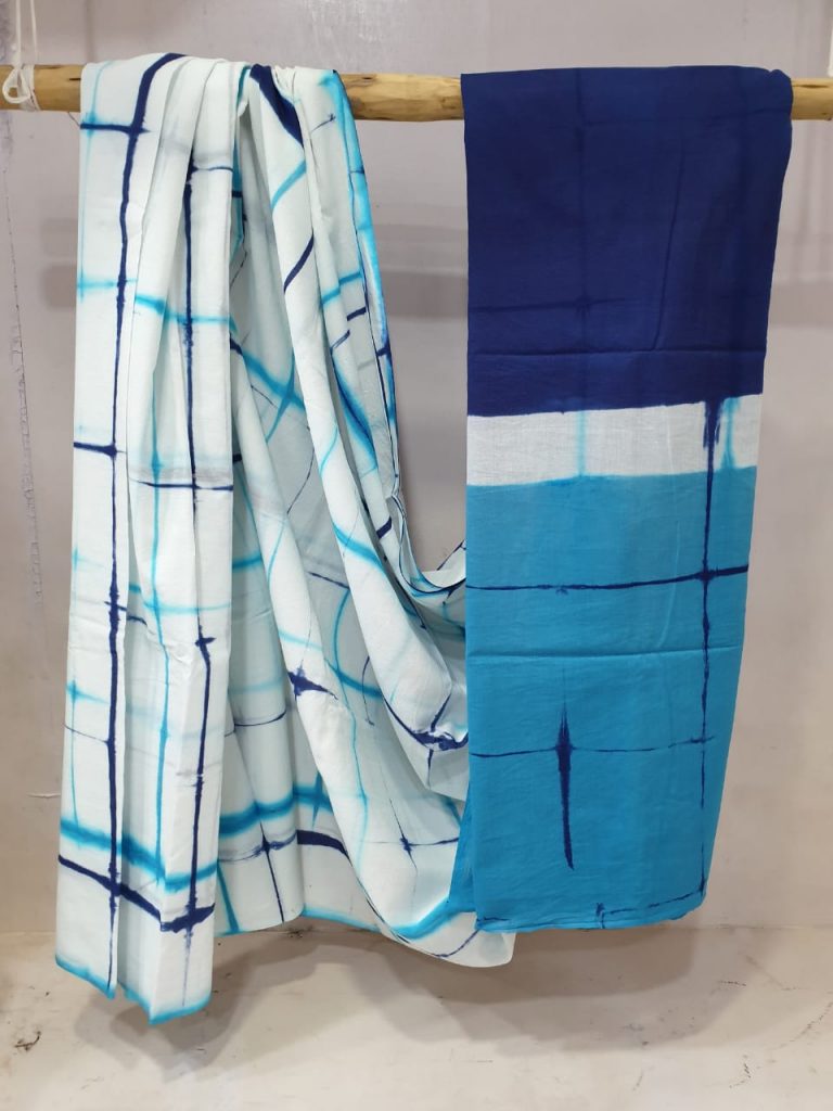 Azure blue and white cotton saree with blouse