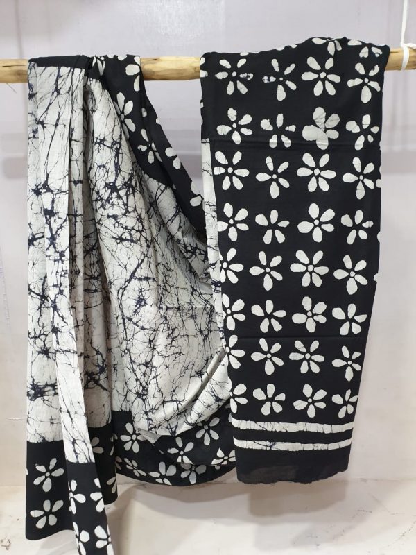 Black and white cotton mulmul saree for ladies