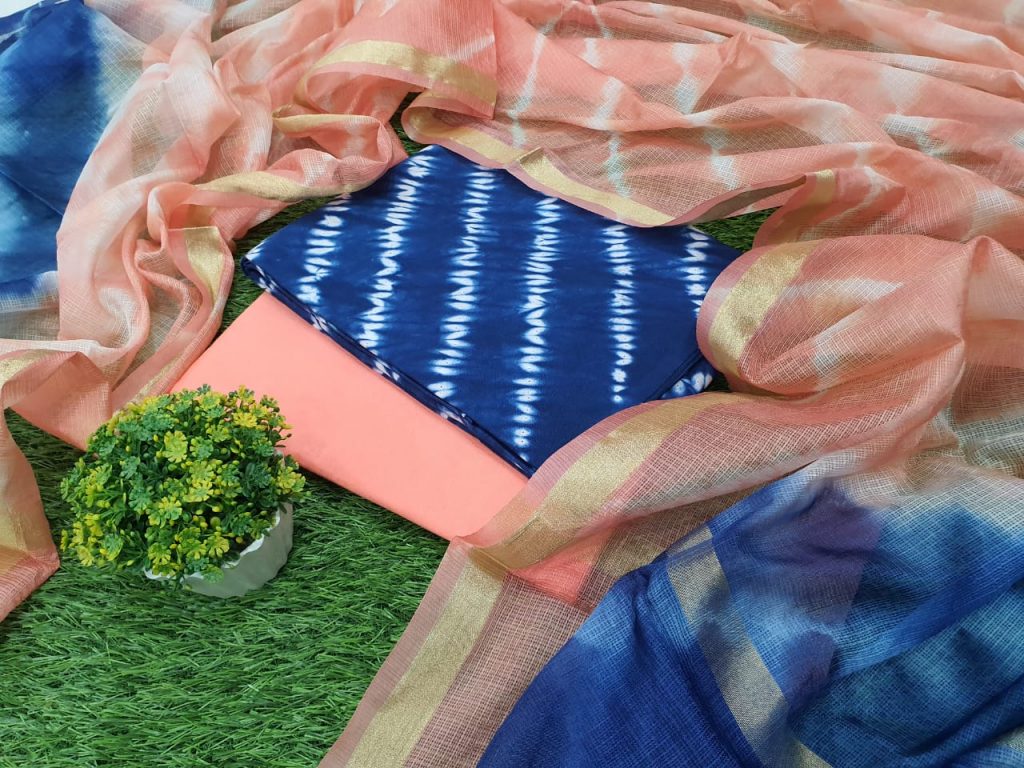 Daily were Light Salmon Pink and Navy blue Superior quality Cotton suit with kota silk dupatta