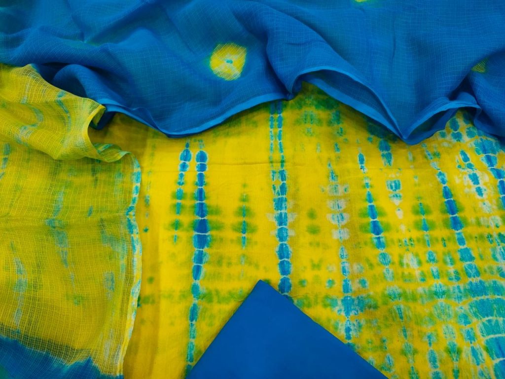 Daily wear Azure and Yellow Natural Cotton suit with kota dotia dupatta