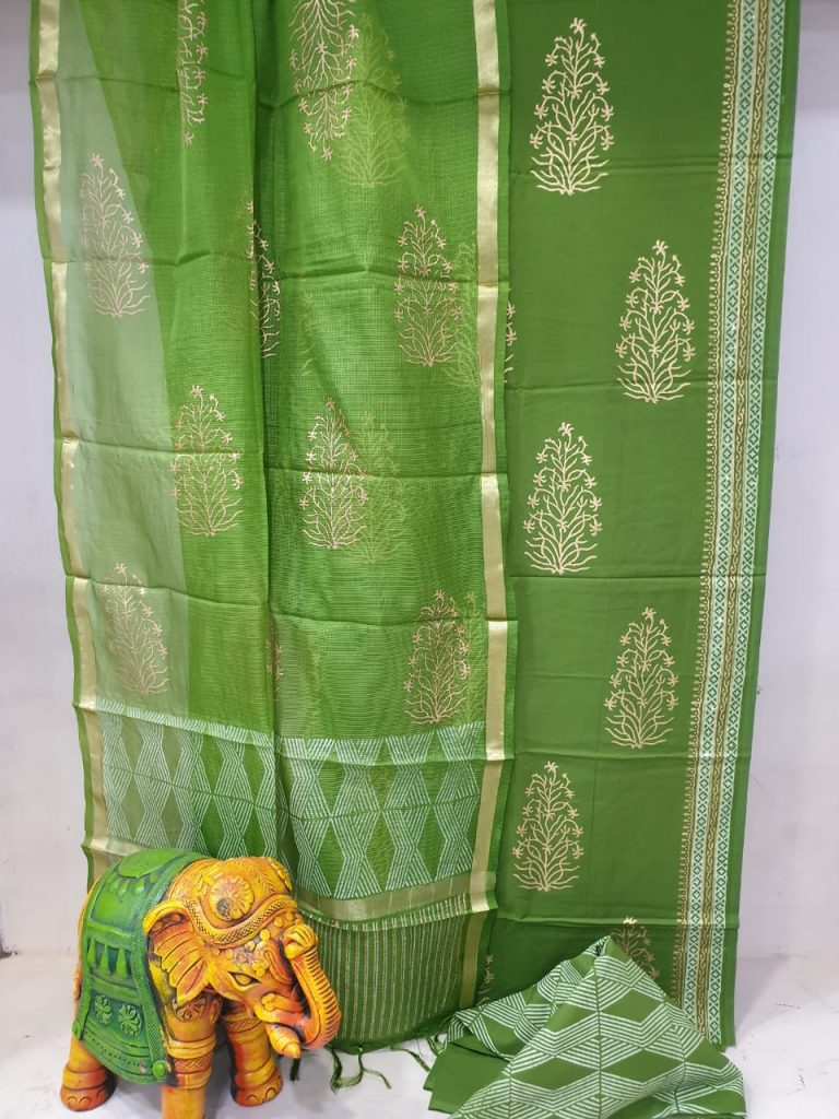 Summer Wear Green Natural Cotton suit with kota silk dupatta