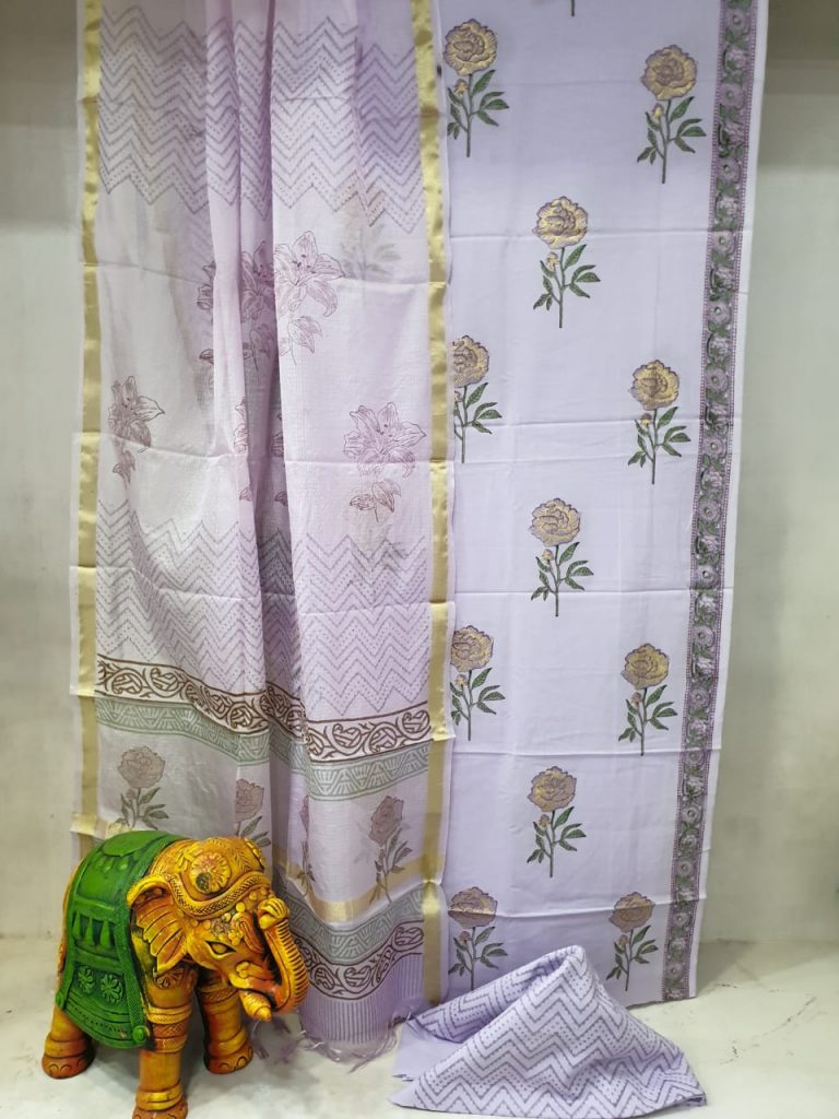 Daily wear Lavender Traditional Cotton suit with kota silk dupatta