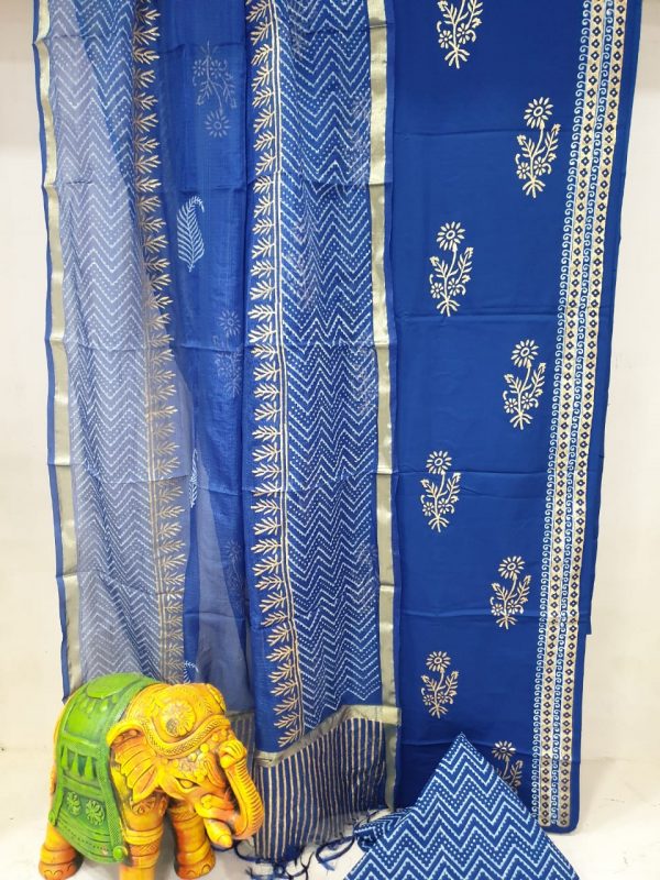 Regular wear Persian blue Superior quality Cotton suit with kota silk dupatta