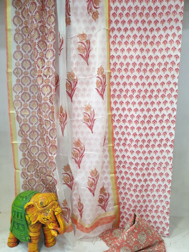 Daily were Salmon and white Superior quality Cotton suit with kota silk dupatta