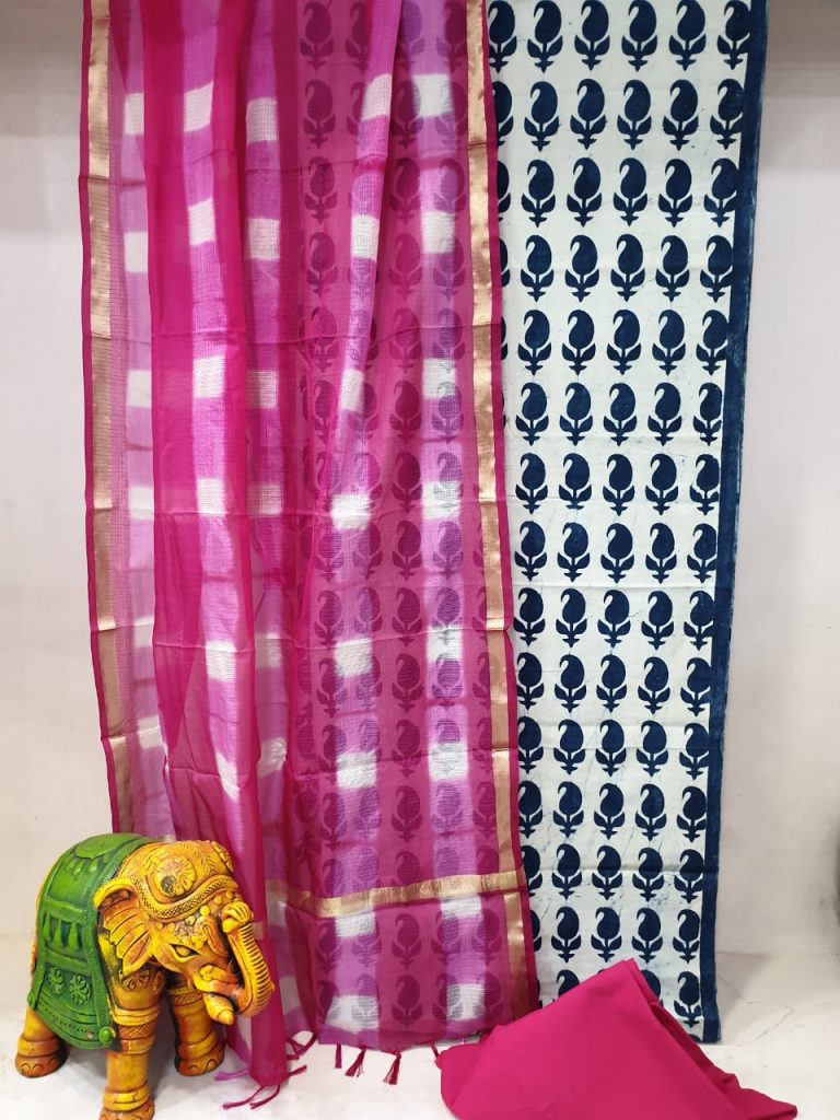 Daily were Cerise and white Cotton suit with kota silk dupatta
