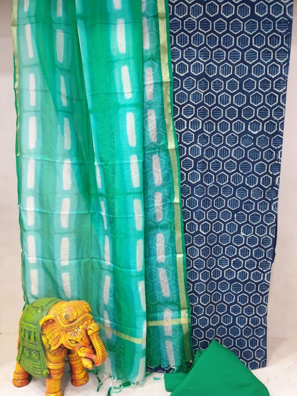 Regular wear Jade and blue Cotton suit with kota silk dupatta