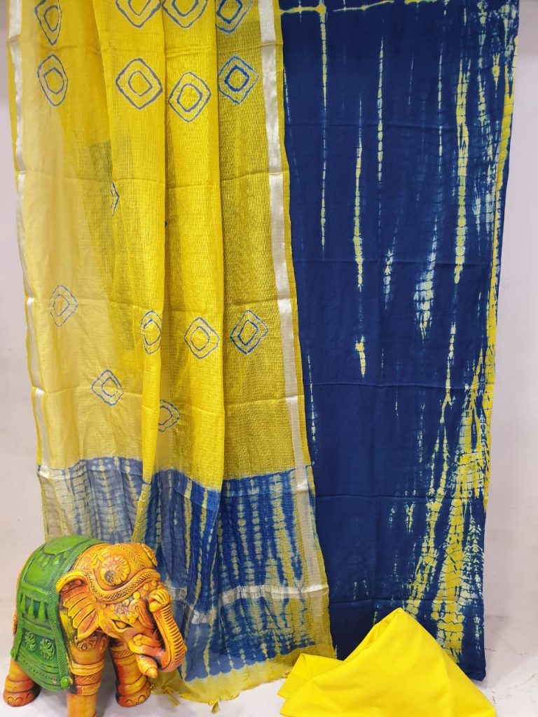 Summer wear Navy blue and yellow Superior quality Cotton suit with kota silk dupatta