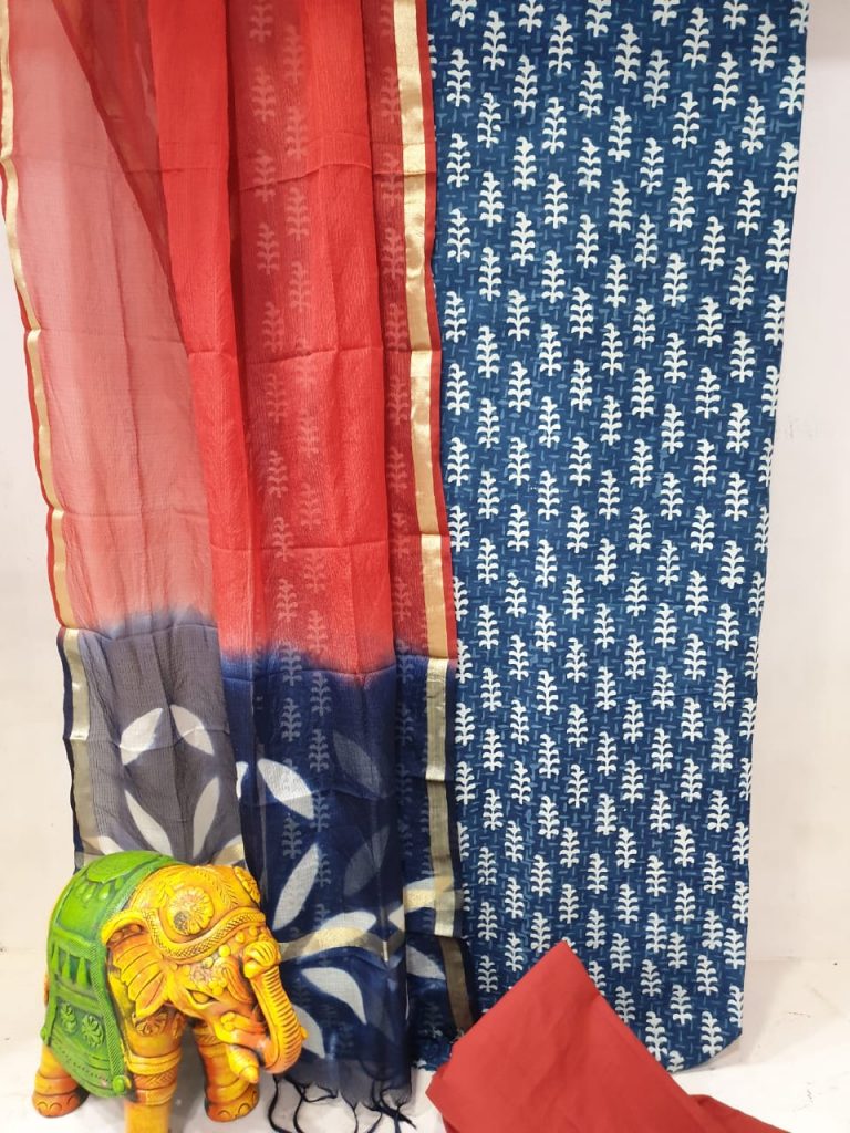 Red and Prussian blue Office wear cotton suit with kota silk dupatta