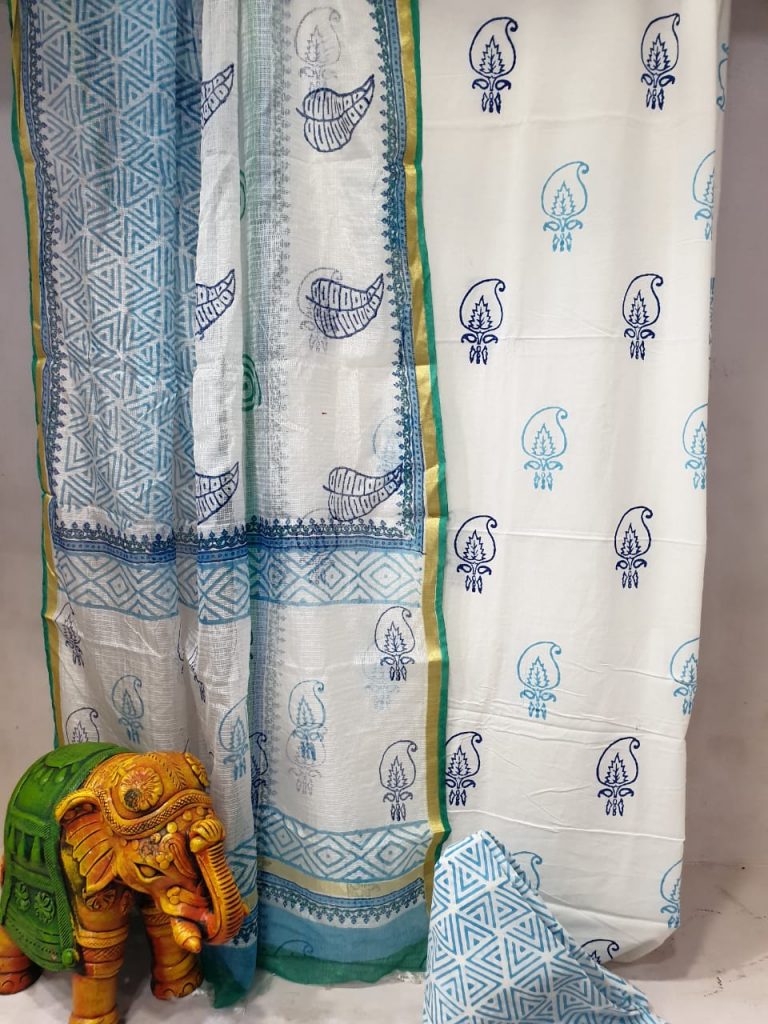 Baby Blue and white Office wear cotton suit with kota silk dupatta