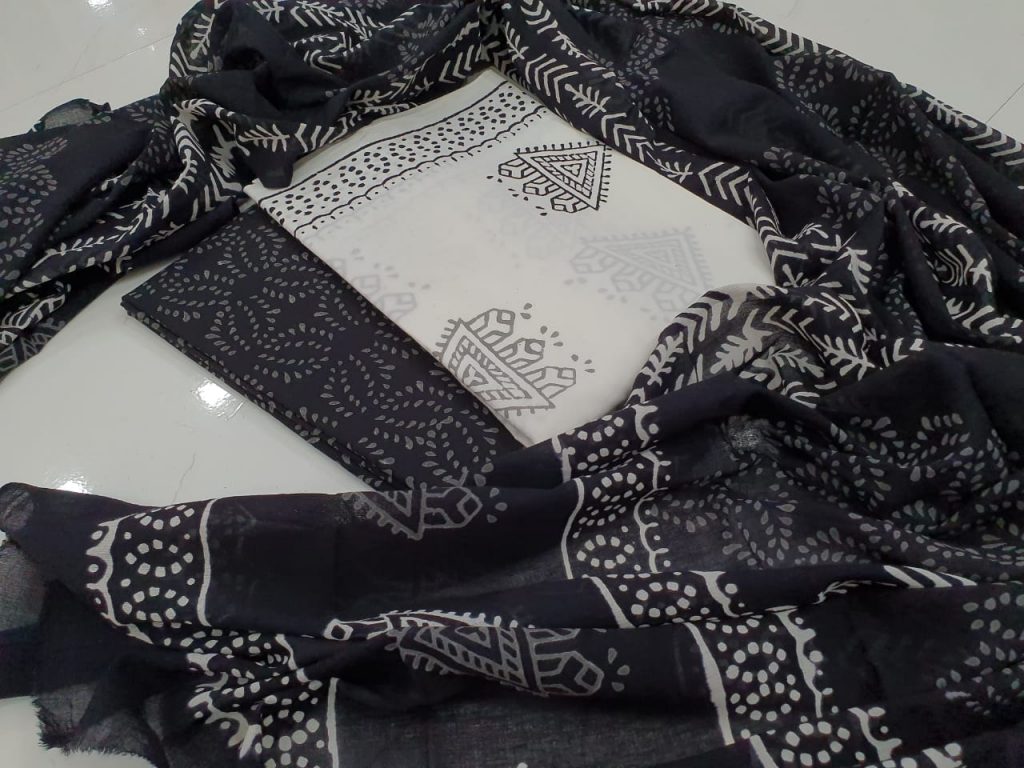 Black and White Cotton salwar kameez set with mulmul dupatta
