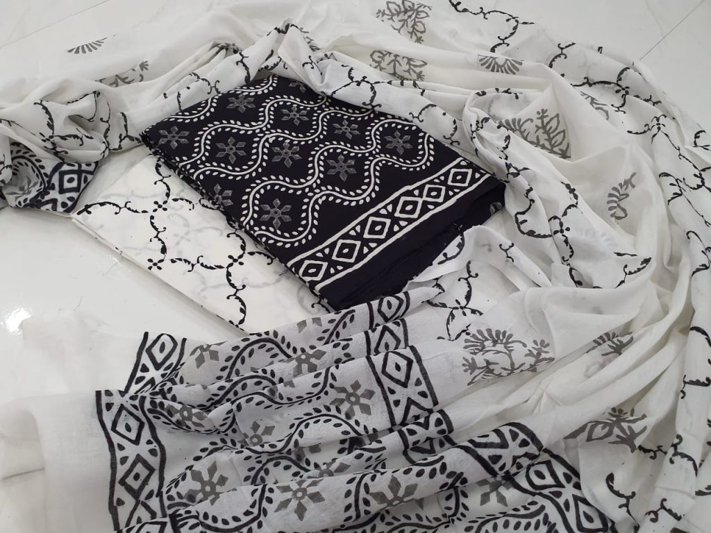 Summer wear Black and White Traditional Cotton salwar kameez set with mulmul dupatta