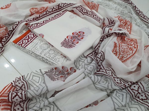 daily wear Dark Coral and White Cotton salwar kameez set with mulmul dupatta