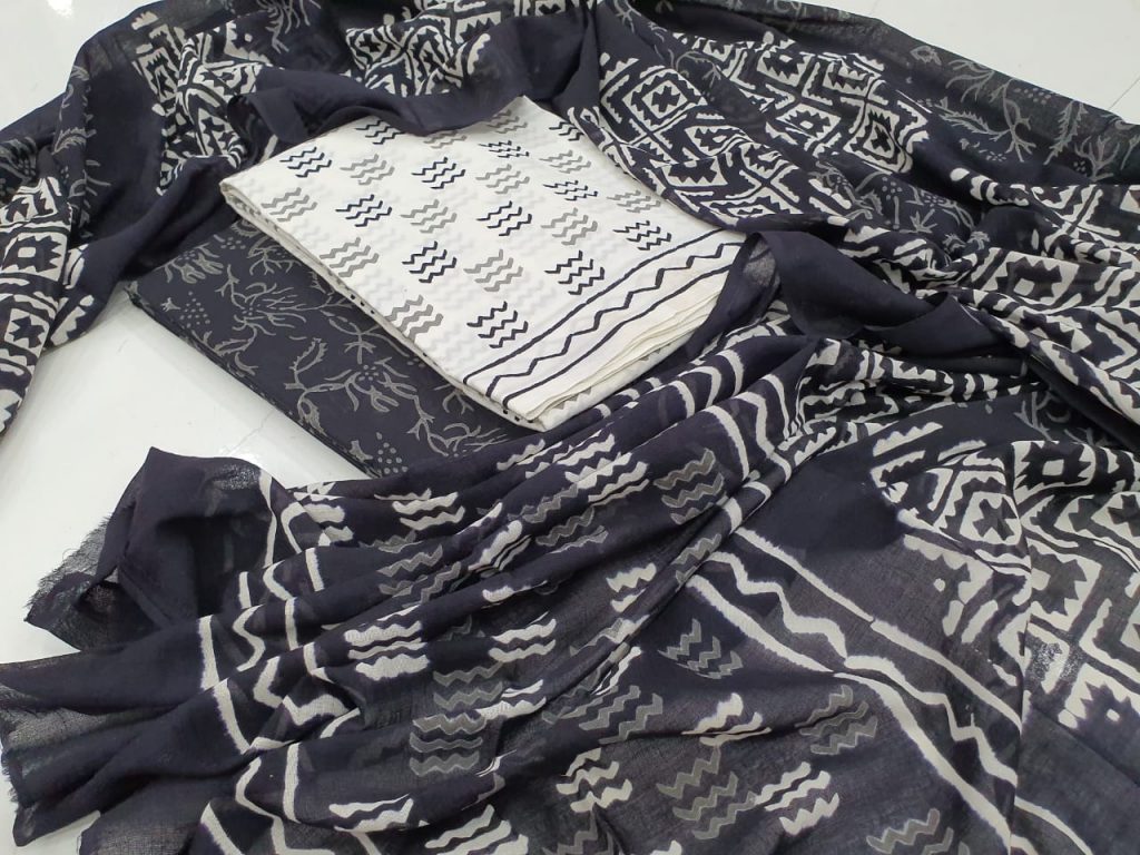 Daily wear Black and White Cotton salwar kameez set with mulmul dupatta