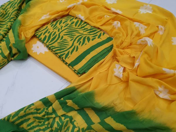 Green and Yellow Cotton salwar kameez set with mulmul dupatta suit