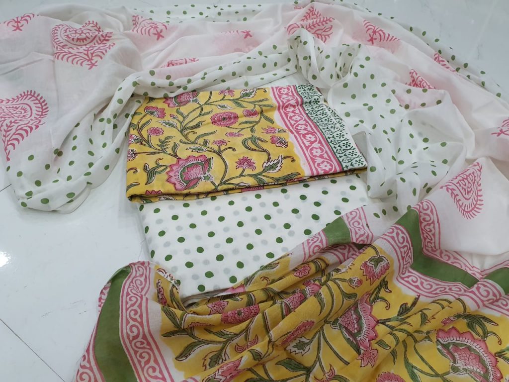 Yellow and white Cotton salwar suit with mulmul dupatta suit