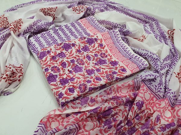 Purple and white Cotton salwar kameez set with mulmul dupatta suit