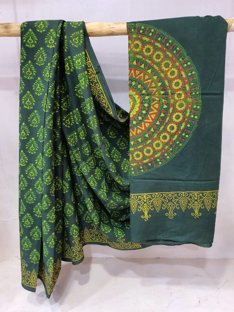 Viridian cotton mulmul saree with blouse for women